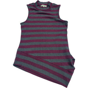 Monteau Burgundy Gray Stripe Sleeveless Mock Neck Top Ribbed Y2K Grunge Size M